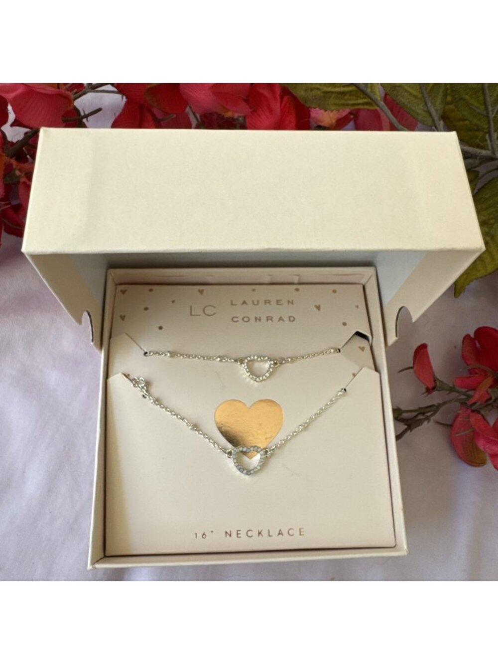 LC Lauren Conrad Gift Set 2 Dainty SIlvertone Heart Rhinestone Necklace 16" NEW